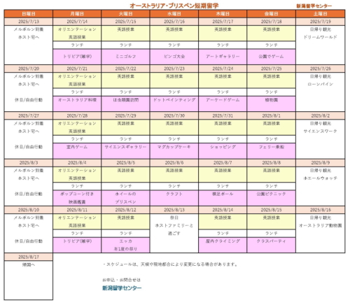 ジュニアサマー　ブリスベン留学スケジュール